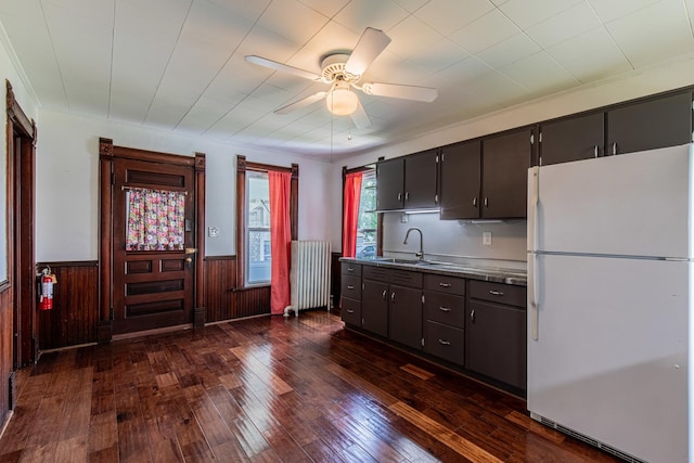 616 N Pleasant St, Princeton, IL 61356 - kitchen with freestanding refrigerator, radiator, a sink, a wainscoted wall, and ceiling fan