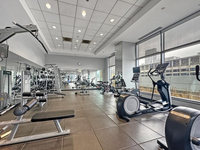 workout area featuring plenty of natural light, a high ceiling, a paneled ceiling, and a raised ceiling