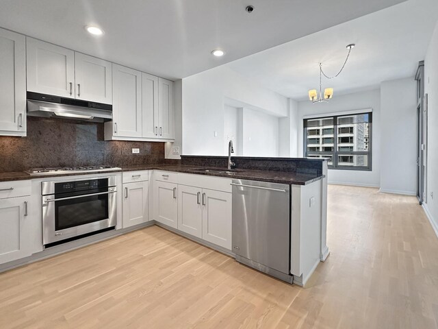 kitchen featuring light wood-type flooring, white cabinets, appliances with stainless steel finishes, sink, and kitchen peninsula