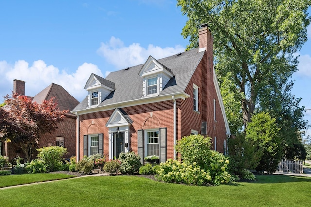 298 Dickens St, Northfield, IL 60093 - view of front facade with brick siding, a front lawn, a chimney, and a shingled roof