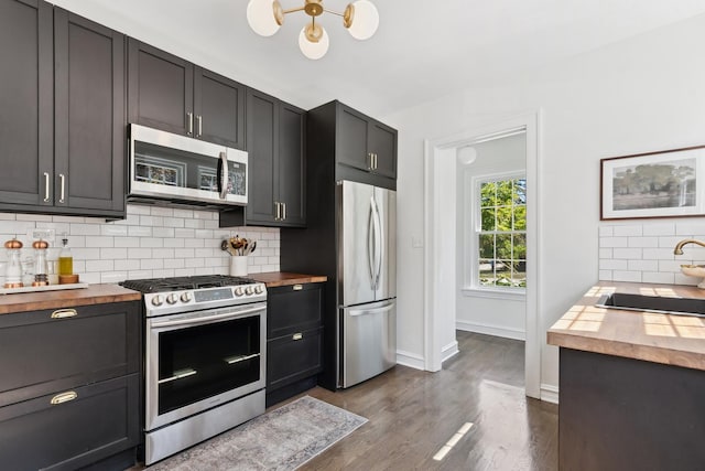 298 Dickens St, Northfield, IL 60093 - kitchen featuring butcher block counters, stainless steel appliances, a sink, backsplash, and dark wood finished floors