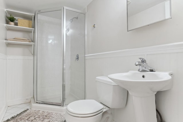298 Dickens St, Northfield, IL 60093 - full bath featuring toilet, a shower stall, a wainscoted wall, tile patterned floors, and a decorative wall