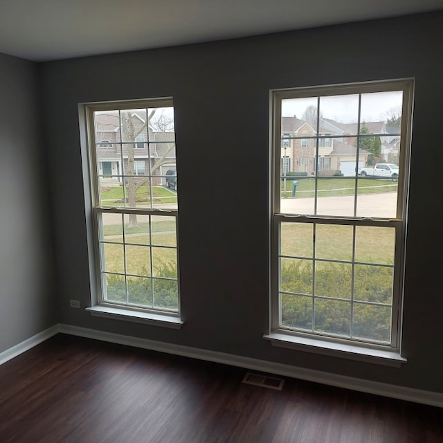 spare room featuring plenty of natural light and dark wood-type flooring