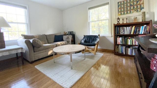 living area featuring baseboards, plenty of natural light, and wood-type flooring