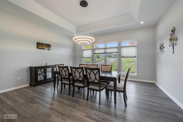 dining room with dark wood-type flooring and a tray ceiling