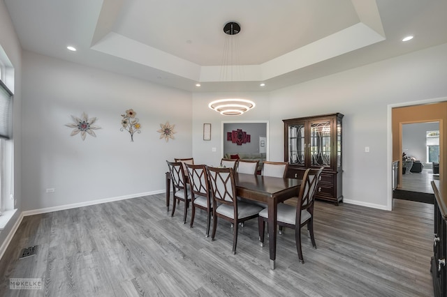 dining space featuring wood-type flooring, a towering ceiling, and a raised ceiling