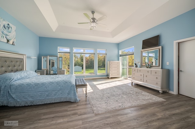 bedroom featuring ceiling fan, dark hardwood / wood-style floors, a tray ceiling, and multiple windows