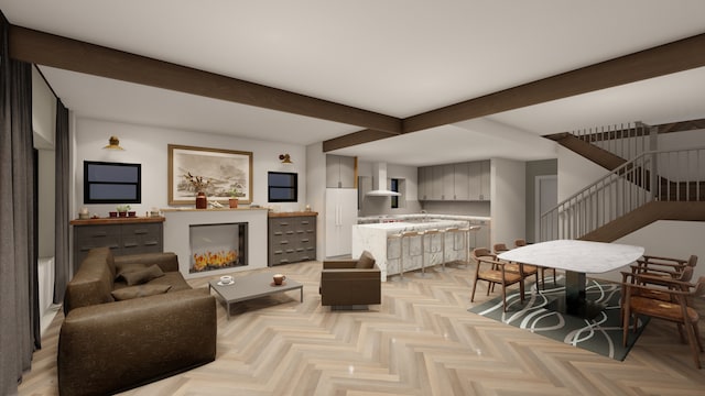 living room with light parquet flooring and beam ceiling