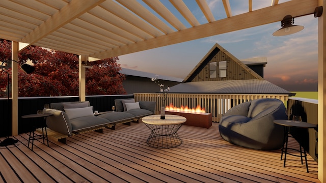 deck at dusk with outdoor lounge area