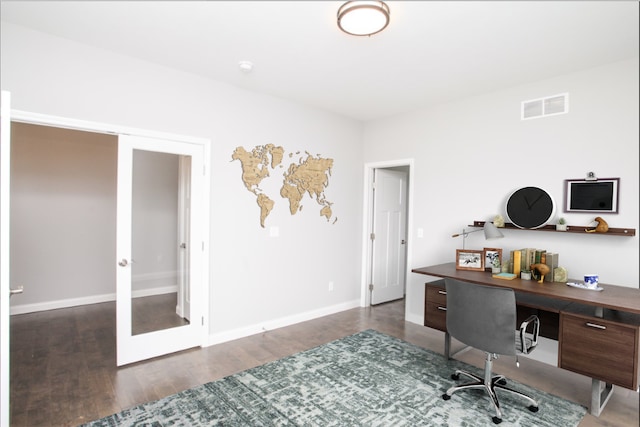 home office featuring dark hardwood / wood-style flooring and french doors