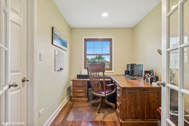 office area featuring hardwood / wood-style flooring and french doors