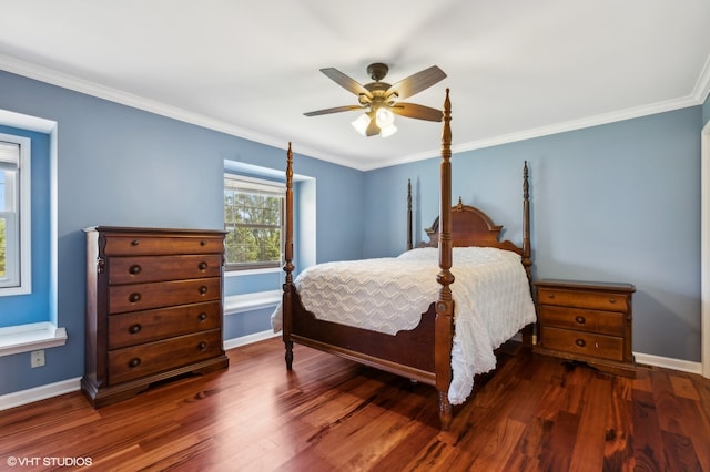 bedroom with ceiling fan, crown molding, and hardwood / wood-style floors