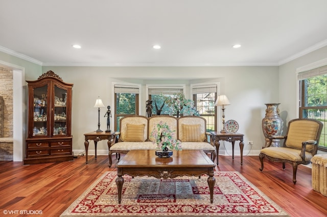 living room with ornamental molding and hardwood / wood-style flooring