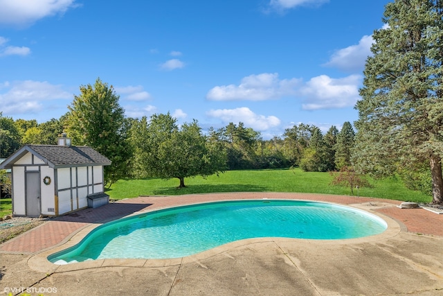 view of swimming pool with a patio, a lawn, and a shed