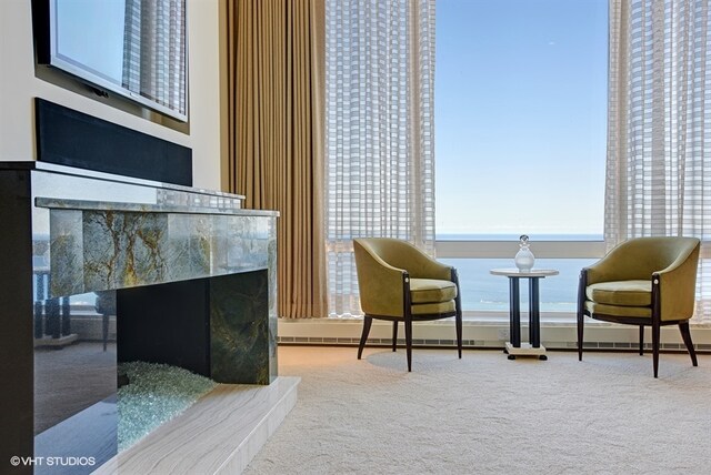 living area with light colored carpet and a water view