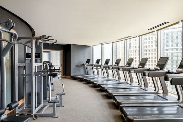 workout area featuring a wall of windows and dark colored carpet