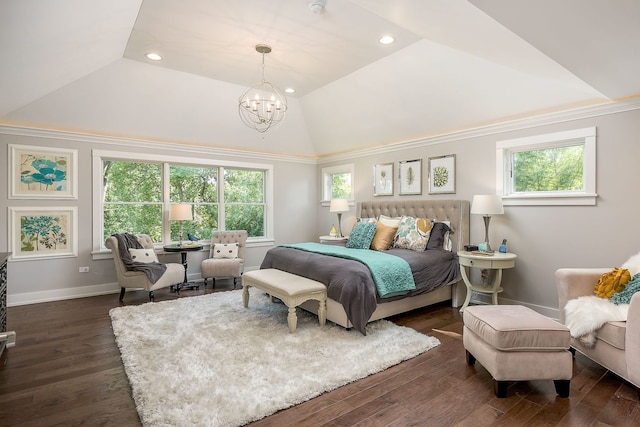 bedroom featuring a notable chandelier, vaulted ceiling, and dark hardwood / wood-style flooring