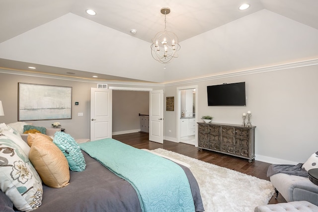 bedroom with dark hardwood / wood-style floors, ensuite bathroom, vaulted ceiling, and an inviting chandelier