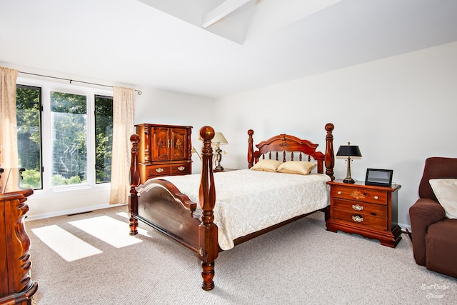 bedroom featuring light colored carpet and multiple windows