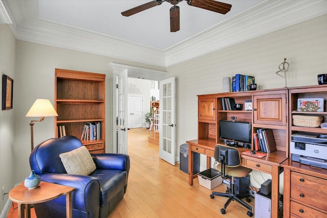 3001 E Stone Creek Blvd, Urbana, IL 61802 - office area featuring a ceiling fan, light wood finished floors, crown molding, and french doors