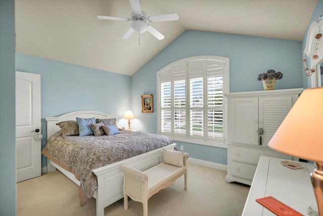 3001 E Stone Creek Blvd, Urbana, IL 61802 - bedroom featuring carpet flooring, vaulted ceiling, and ceiling fan