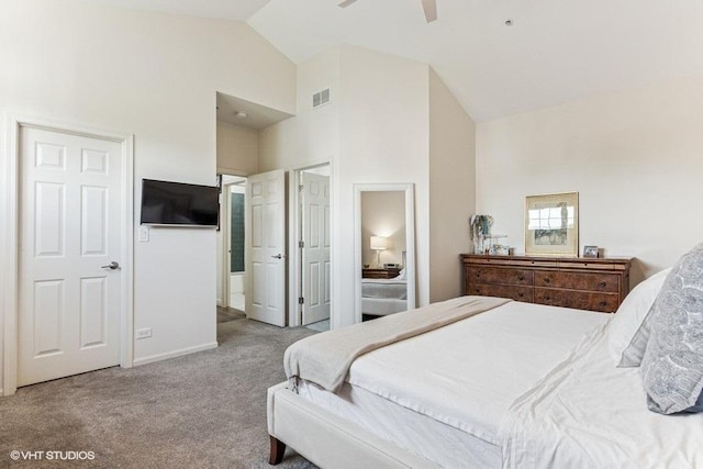 33 Johnson Ct Unit 0, North Aurora, IL 60542 - carpeted bedroom featuring high vaulted ceiling and a ceiling fan