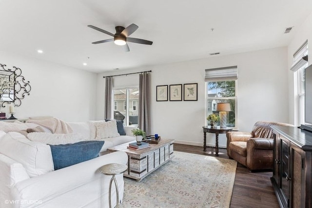33 Johnson Ct Unit 0, North Aurora, IL 60542 - living area featuring a ceiling fan, dark wood-style flooring, and recessed lighting