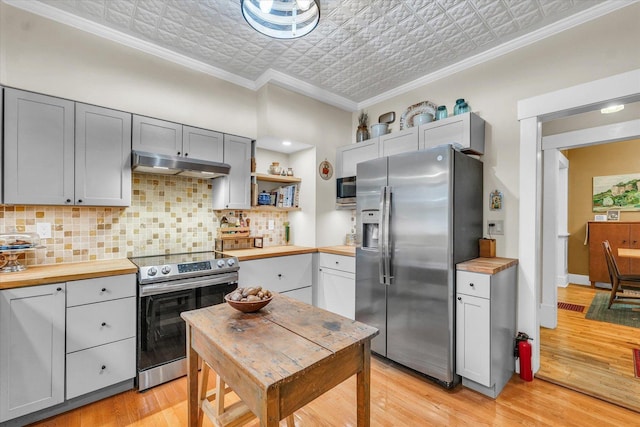 kitchen featuring stainless steel appliances, under cabinet range hood, butcher block countertops, light wood-style flooring, and an ornate ceiling