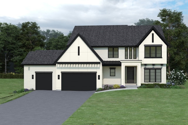 modern farmhouse with a front lawn and a garage