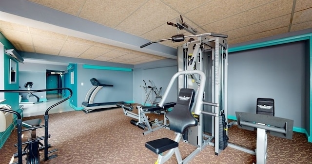 workout room featuring a drop ceiling and carpet