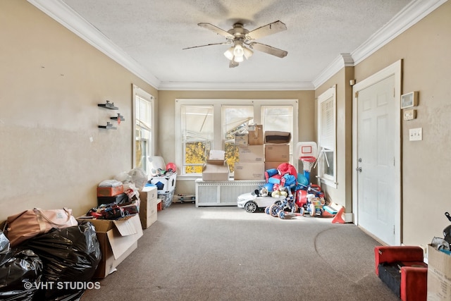 playroom featuring ceiling fan, carpet, crown molding, and a textured ceiling