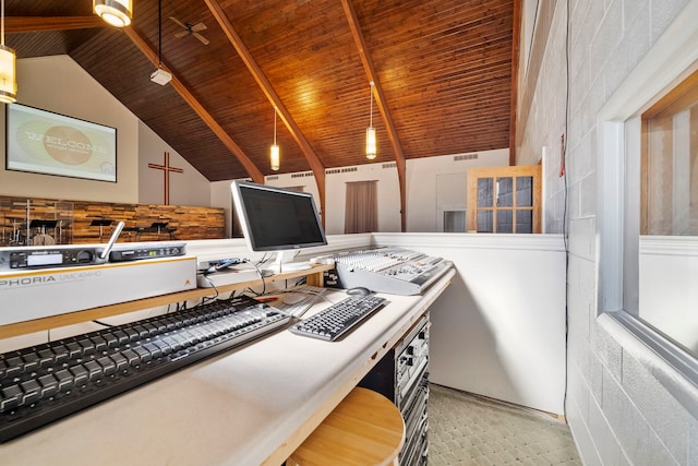 kitchen with wood ceiling and high vaulted ceiling