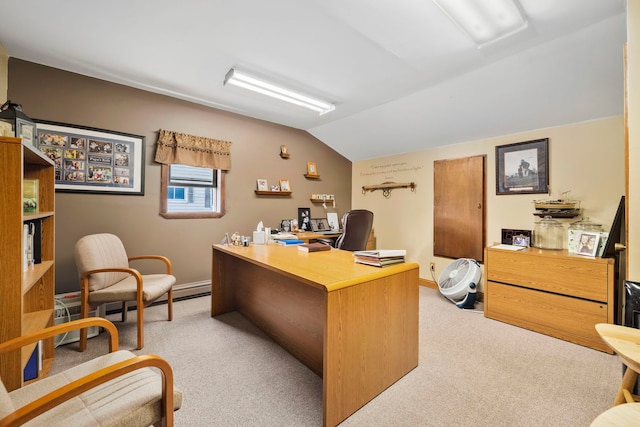 carpeted office with vaulted ceiling