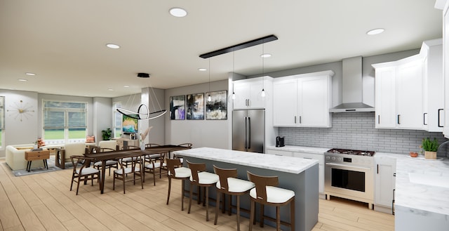 kitchen with white cabinetry, wall chimney range hood, backsplash, pendant lighting, and high end appliances