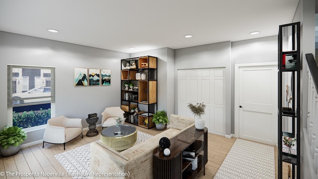 living area with light hardwood / wood-style flooring