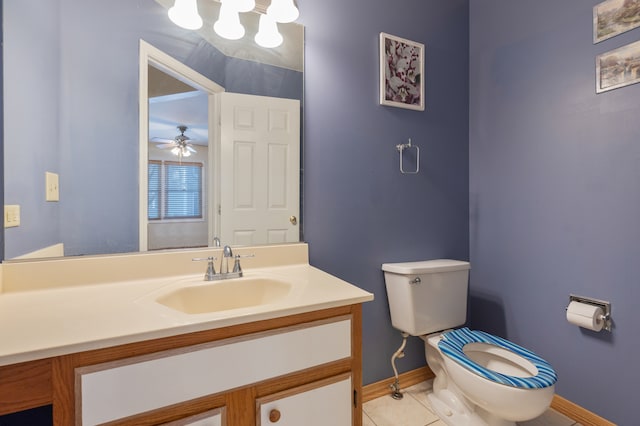 bathroom featuring ceiling fan, toilet, vanity, and tile patterned floors