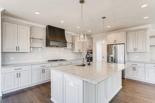 kitchen featuring backsplash, premium range hood, stainless steel appliances, and dark hardwood / wood-style floors