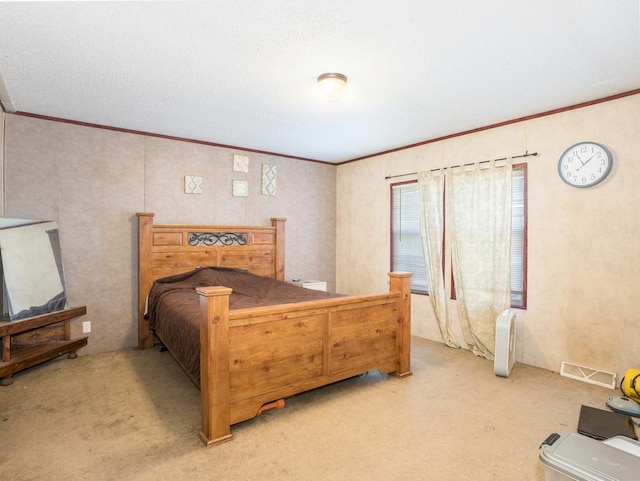 bedroom featuring light colored carpet and crown molding