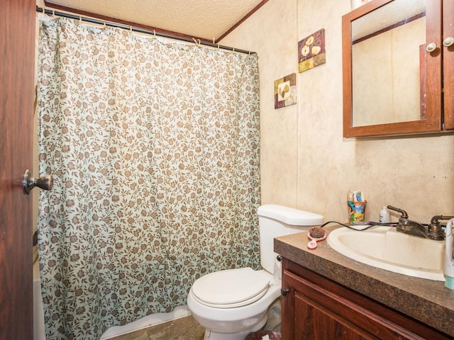 bathroom featuring vanity, a textured ceiling, and toilet