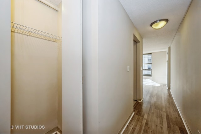 corridor featuring a textured ceiling and hardwood / wood-style flooring