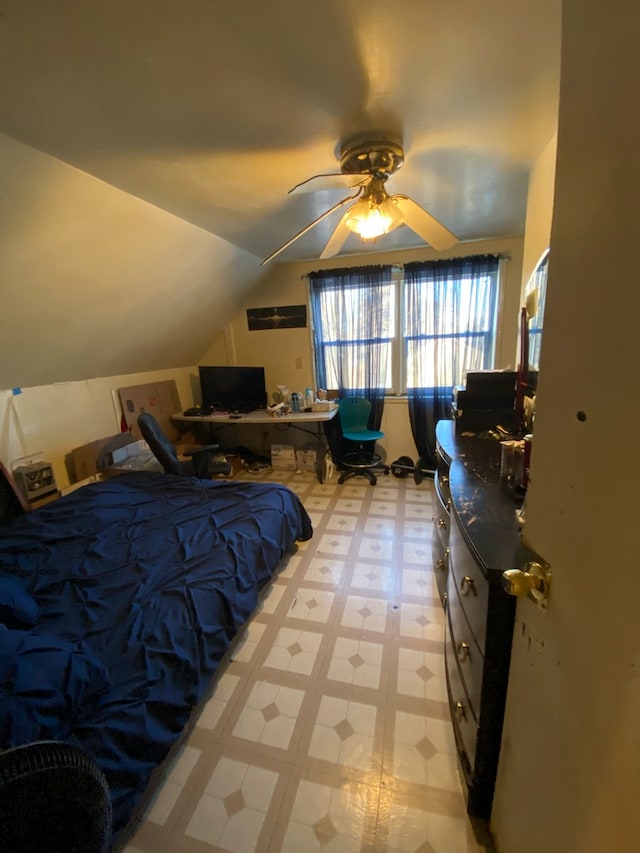 3806 S Wolcott Ave, Chicago, IL 60609 - bedroom featuring ceiling fan, vaulted ceiling, and light tile flooring