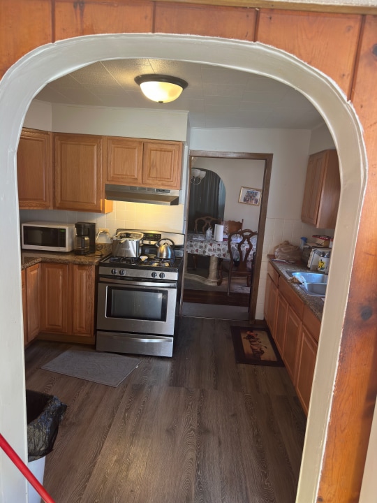 kitchen with sink, dark hardwood / wood-style flooring, and stainless steel range with gas stovetop