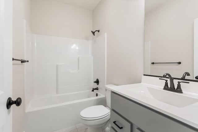 full bathroom with toilet, tile flooring, vanity, and bathing tub / shower combination