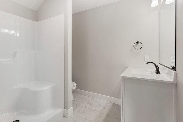 bathroom featuring toilet, a shower, vaulted ceiling, tile patterned flooring, and vanity