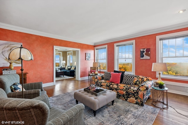 living room with hardwood / wood-style flooring and crown molding