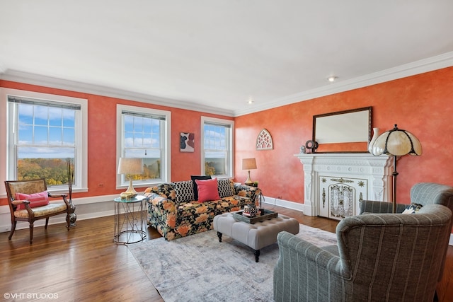 living room featuring dark hardwood / wood-style flooring and ornamental molding