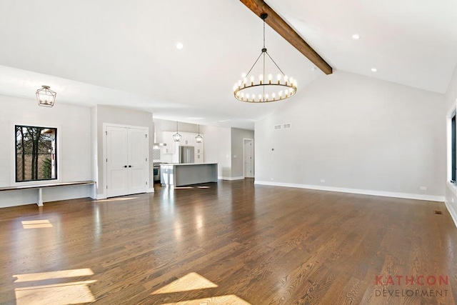 unfurnished living room featuring beamed ceiling, dark hardwood / wood-style floors, high vaulted ceiling, and a notable chandelier