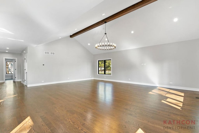 unfurnished living room featuring an inviting chandelier, high vaulted ceiling, dark hardwood / wood-style flooring, and beamed ceiling