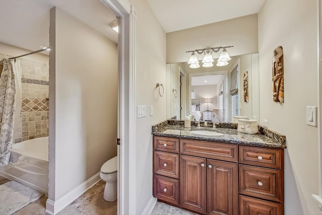 full bathroom with shower / bathtub combination with curtain, tile flooring, vanity, and toilet