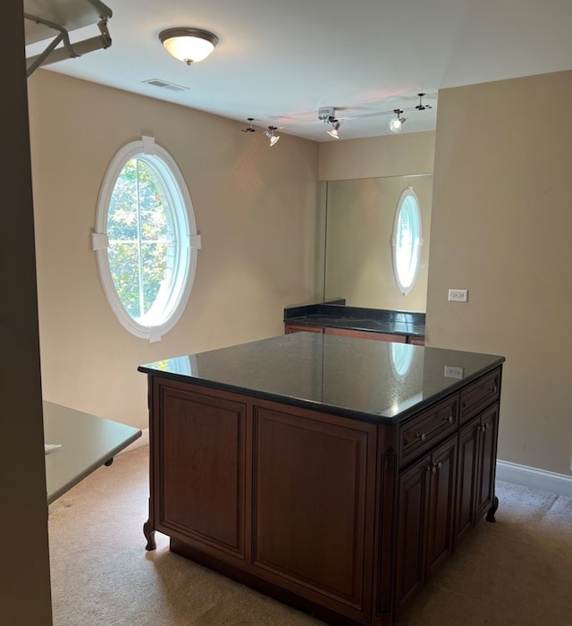 kitchen with a center island, dark brown cabinets, and carpet floors